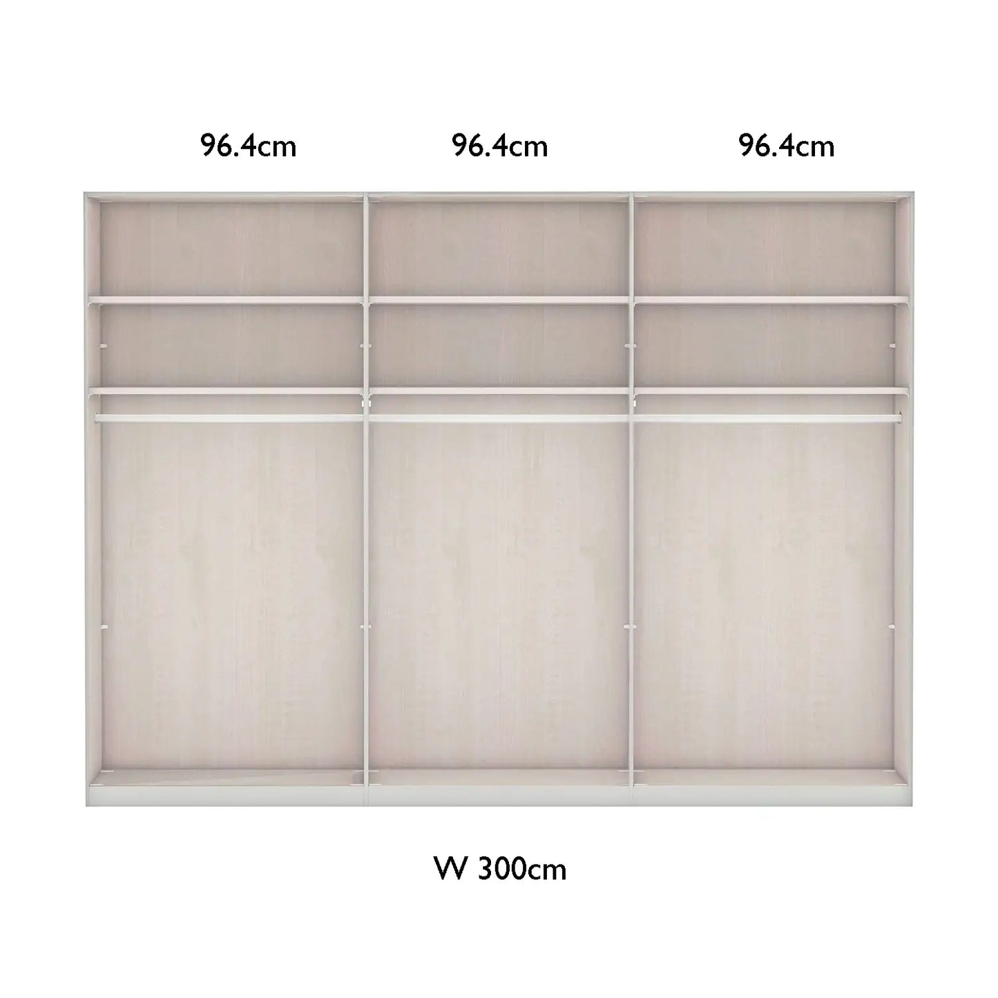 Interior layout of Wiemann 300cm Wardrobe with sliding doors and dimensions
