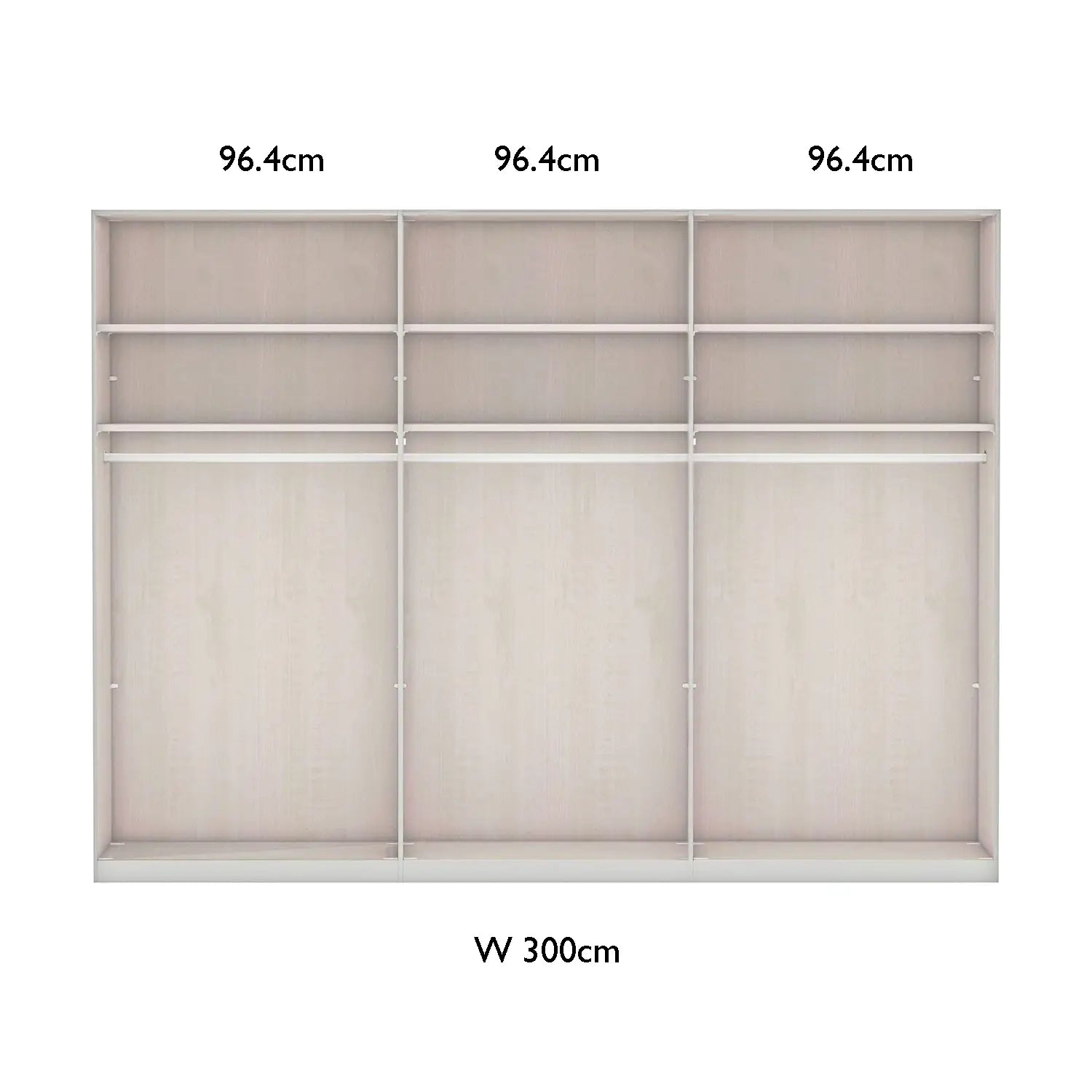 Interior layout of Wiemann 300cm Wardrobe with sliding doors and dimensions