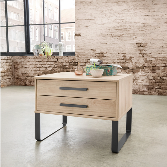 Johnson 2 Drawer Bedside Cabinet with Angled Feet - Styled in Bedroom