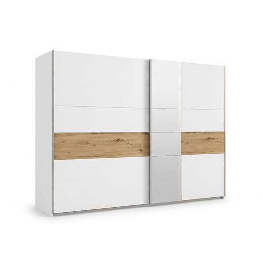 White sliding wardrobe with oak accents and mirror panels. 261cm wide with 3 compartments. Modern design, in stock for quick delivery.