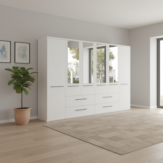 Large Wiemann Cairns 300cm Wardrobe with Drawer and Mirror in White