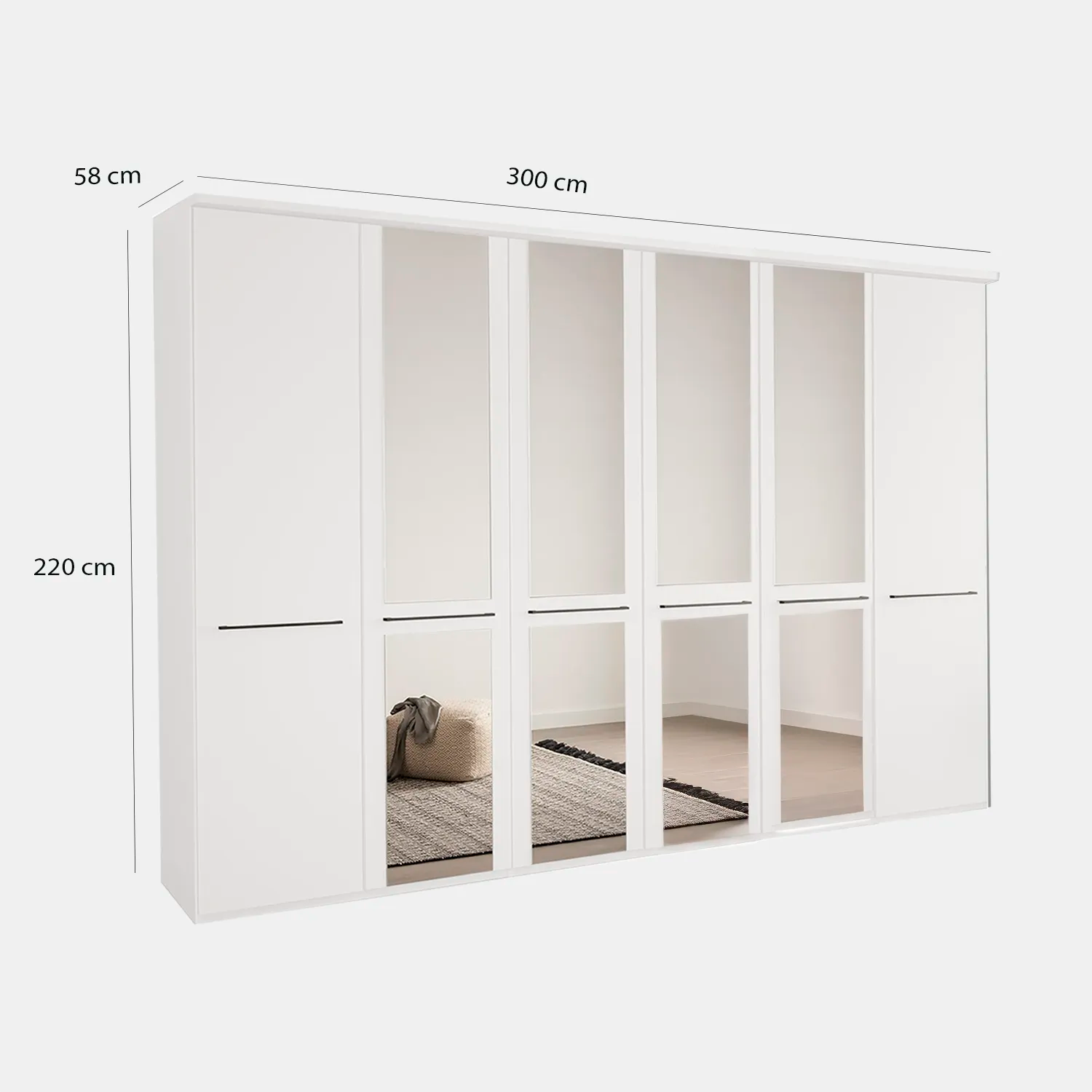 Kairns White 6 Door Hinged Wardrobe (W300cm) With Mirror - Dimensions