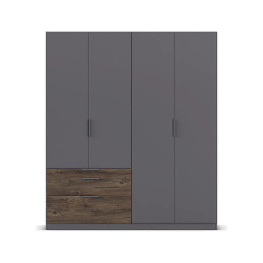 Gray wardrobe with dark wooden bottom drawer section on a white background