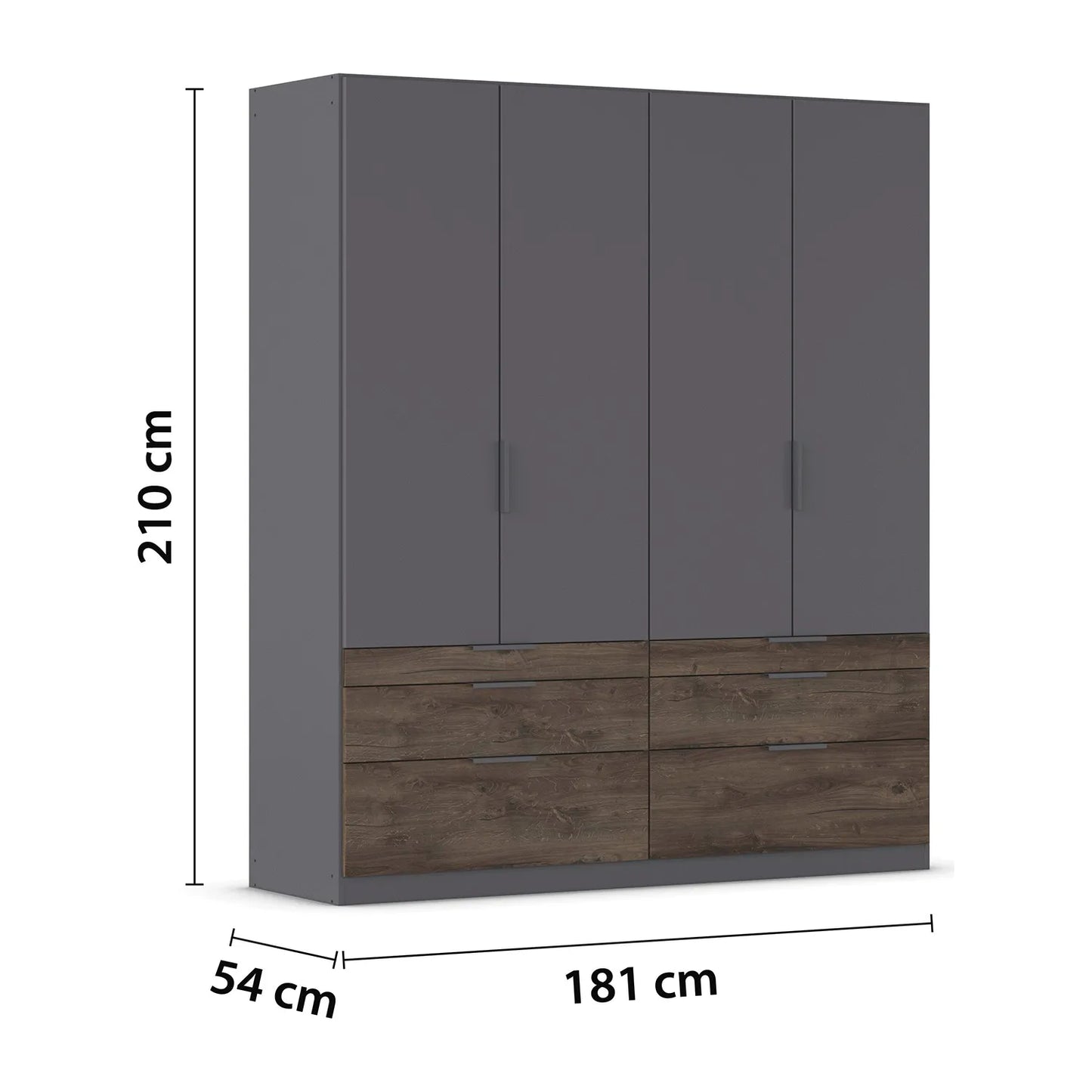 Gray wardrobe with wooden drawers and dimensions on a white background