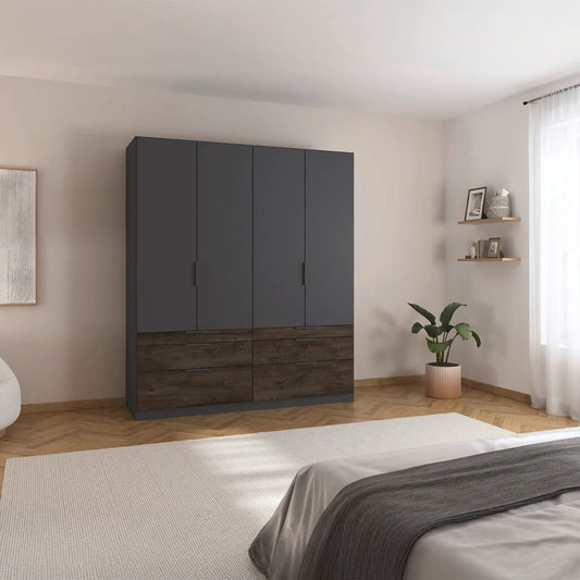 Modern bedroom with a large dark gray wardrobe with bottom drawers