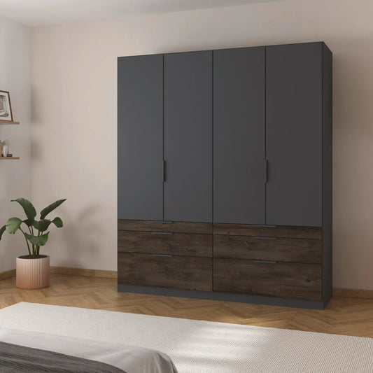 Large dark gray wardrobe with wooden bottom section drawers in a bedroom setting.