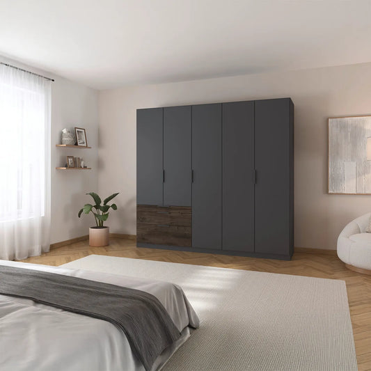 Kodi Graphite 5 Door Wardrobe with 3 Drawers – W226cm