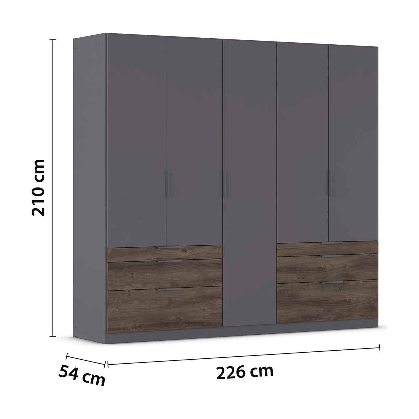 Gray wardrobe with wooden drawers and dimensions on a white background