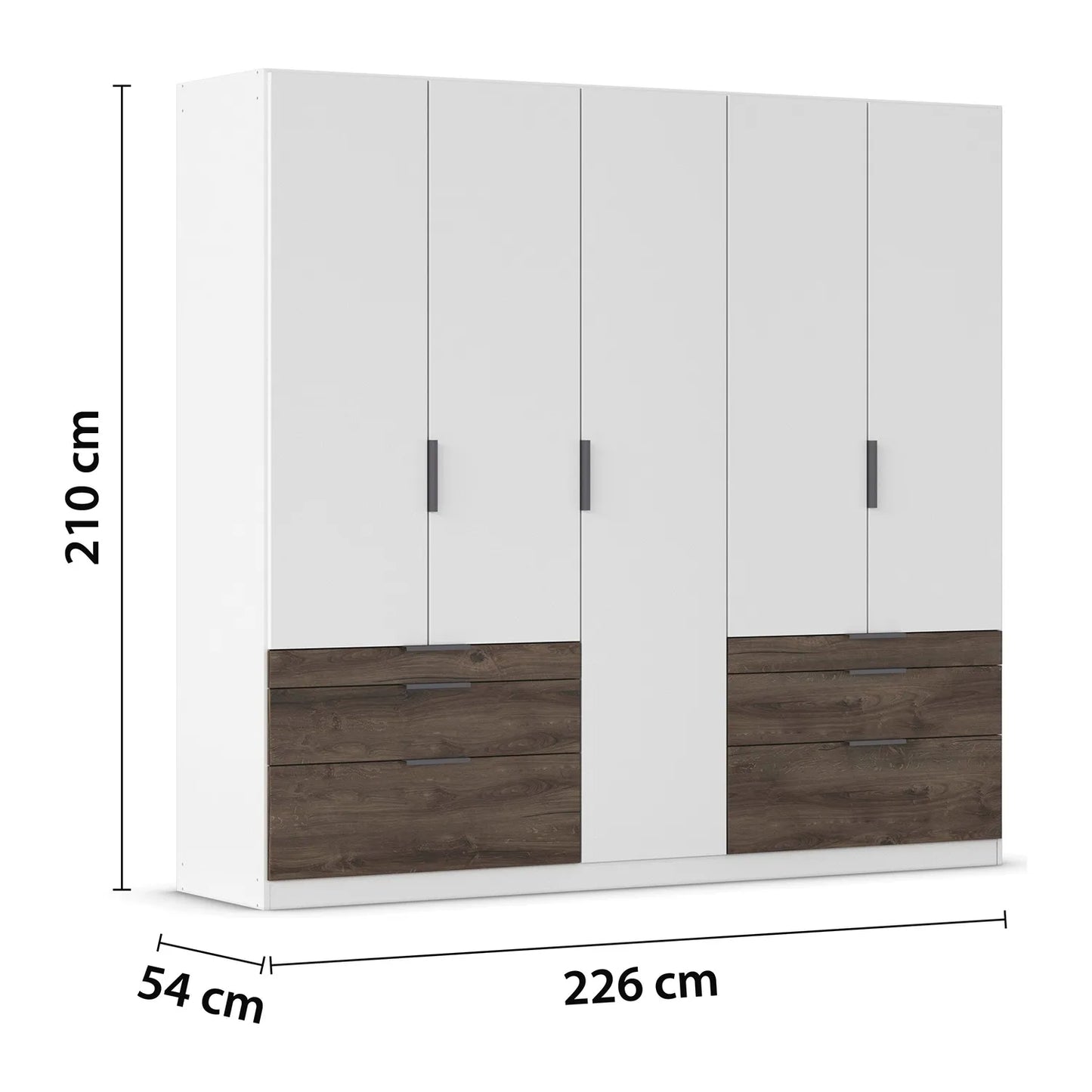Kodi White 5 Door Wardrobe with 6 Drawers – W226cm