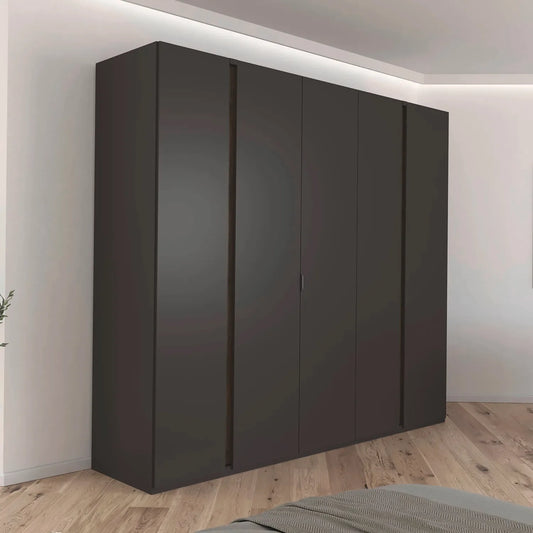 Larisa 251cm Graphite & Atlantic Oak Hinged 5 Door Wardrobe - Styled in a Room