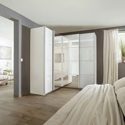 Lema 181cm 4 Door Corner Sliding Wardrobe with 2 Glass Doors and 2 Mirror Doors - Styled in a Bedroom