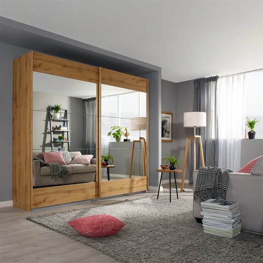 Mali Artisan Oak and Mirror Sliding Door Wardrobe - Styled in a Bedroom