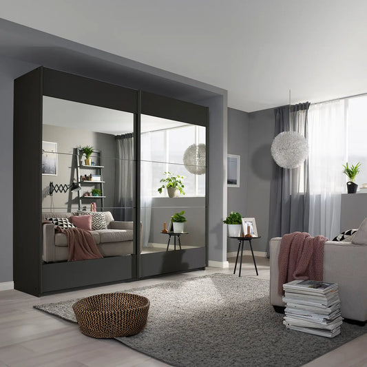 Mali Graphite & Mirror Sliding Door Wardrobe - Styled in a Bedroom