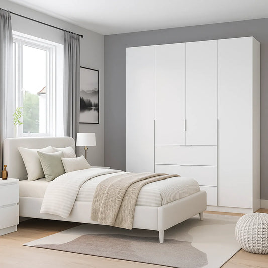 Rauch Maverick 4 Door 2 Drawers White High Gloss Hinged Wardrobe 181cm - Styled in a Bedroom