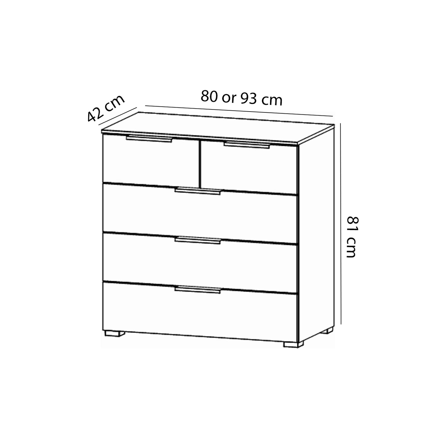 Rauch Maverick White High Gloss Chest of 5 Drawers - 80cm - Dimensions