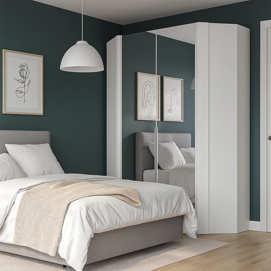 Rauch Maverick 2 Door White High Gloss Corner Wardrobe With Mirror - Styled in a Bedroom