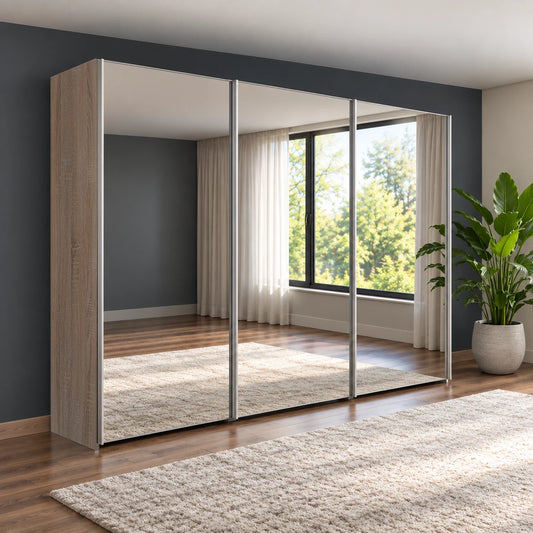 Wiemann Oxford 3 Door Mirror Sliding Wardrobe in Dark Rustic Oak styled in a modern bedroom