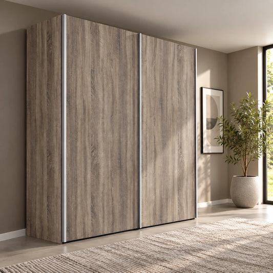 Wiemann Oxford 2 Door Decor Sliding Wardrobe in Dark Rustic Oak styled in a modern bedroom