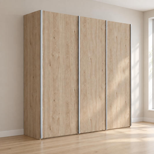 A three-door wardrobe or closet cabinet with light oak wood grain doors and slim silver metal edge trim, shown at a three-quarter angle on a plain white background.