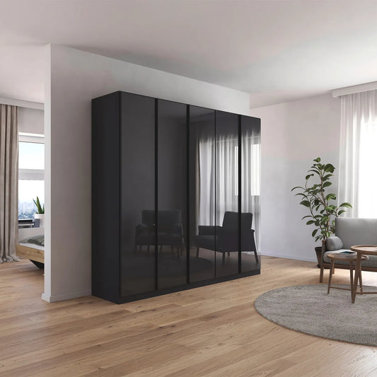Novus 5 Door Glass Hinged Wardrobe in Basalt Glass - 226cm - Styled in a Bedroom