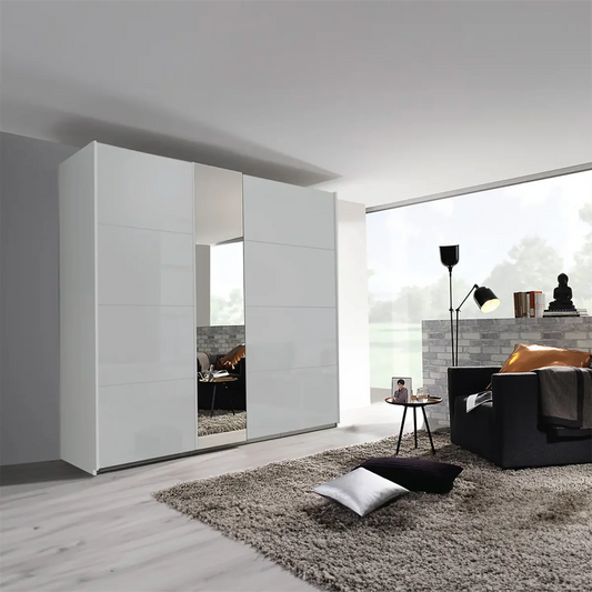 Rauch Silk Grey Perth Sliding Door Wardrobe With Mirror - Styled in a Bedroom