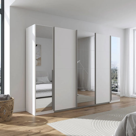Large 300cm White wardrobe with mirrors in a modern bedroom setting