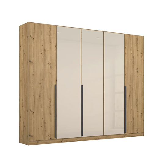 Artemis Oak & Champagne Glass 5 Door Hinged Wardrobe Width 226cm