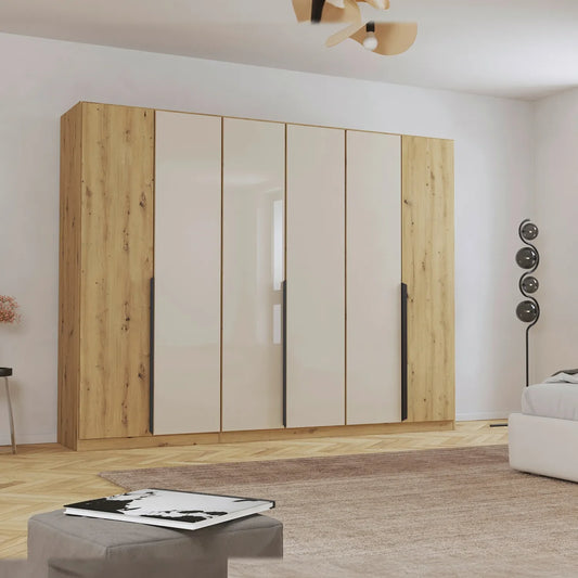 Artemis Oak & Champagne Glass 6 Door Hinged Wardrobe - 271cm - Pendle Village Furniture