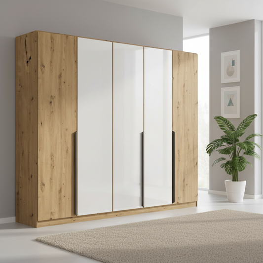 Artemis Oak & Champagne Glass 5 Door Hinged Wardrobe- 226cm