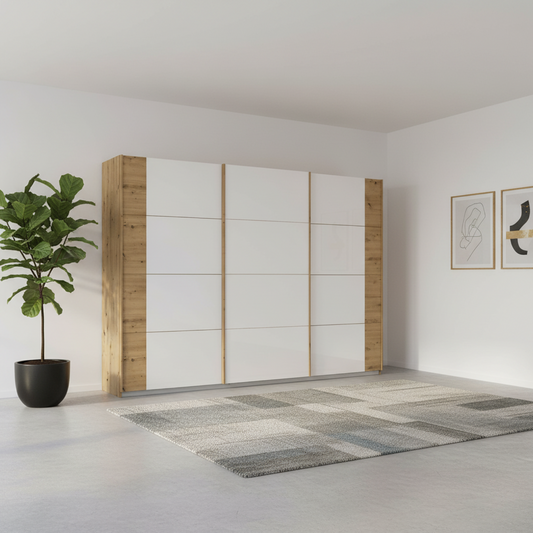 Artemis Oak & Champagne Glass 3 Door Sliding Wardrobe - W271cm