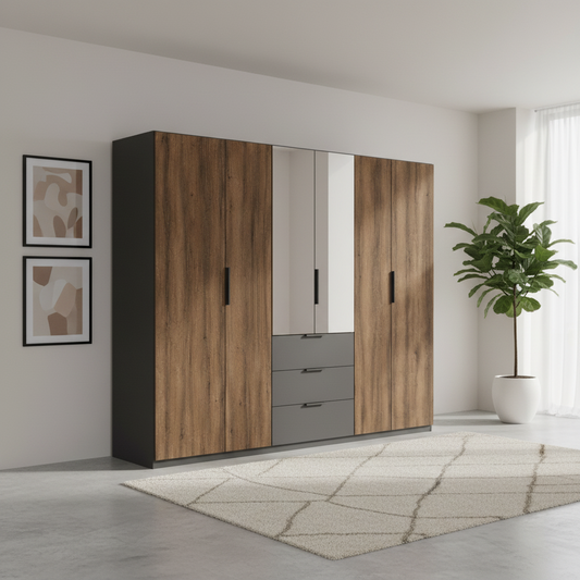Rauch Atlantic Oak 6 Door Hinged Wardrobe with Drawers - W301CM