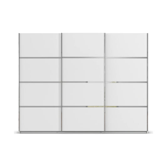 Large White 3 door sliding wardrobe with chrome handle on a white background