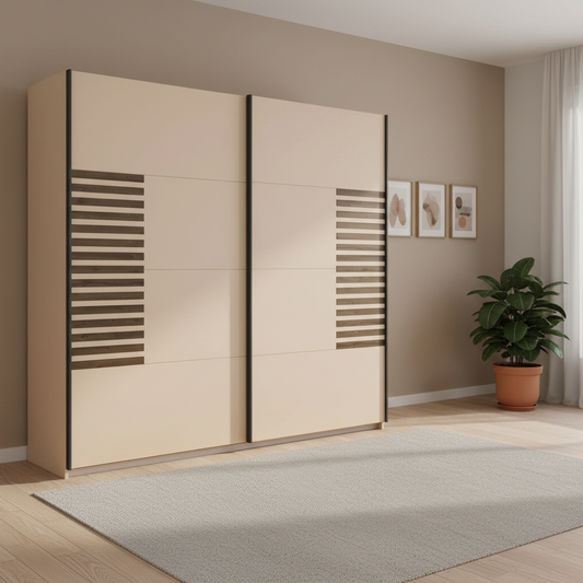 A modern Rauch Barea Champagne 2 Door Sliding Wardrobe in a warm beige tone with dark brown horizontal accent panels, Width 226cm Height 210cm