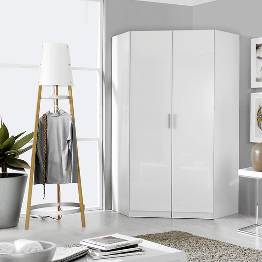 Rauch Celle White High Gloss 2 Door Corner Wardrobe - Styled in a Bedroom