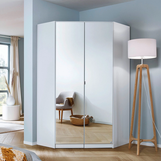 Rauch Celle White High Gloss 2 Door Corner Wardrobe With Mirror - Styled in a Bedroom