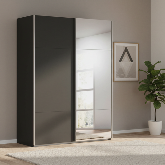 Rauch Orange Plus Contido black sliding wardrobe With 1 Mirror door showing the shorter top and bottom panels either side of the tall centre panel Chrome Handles
