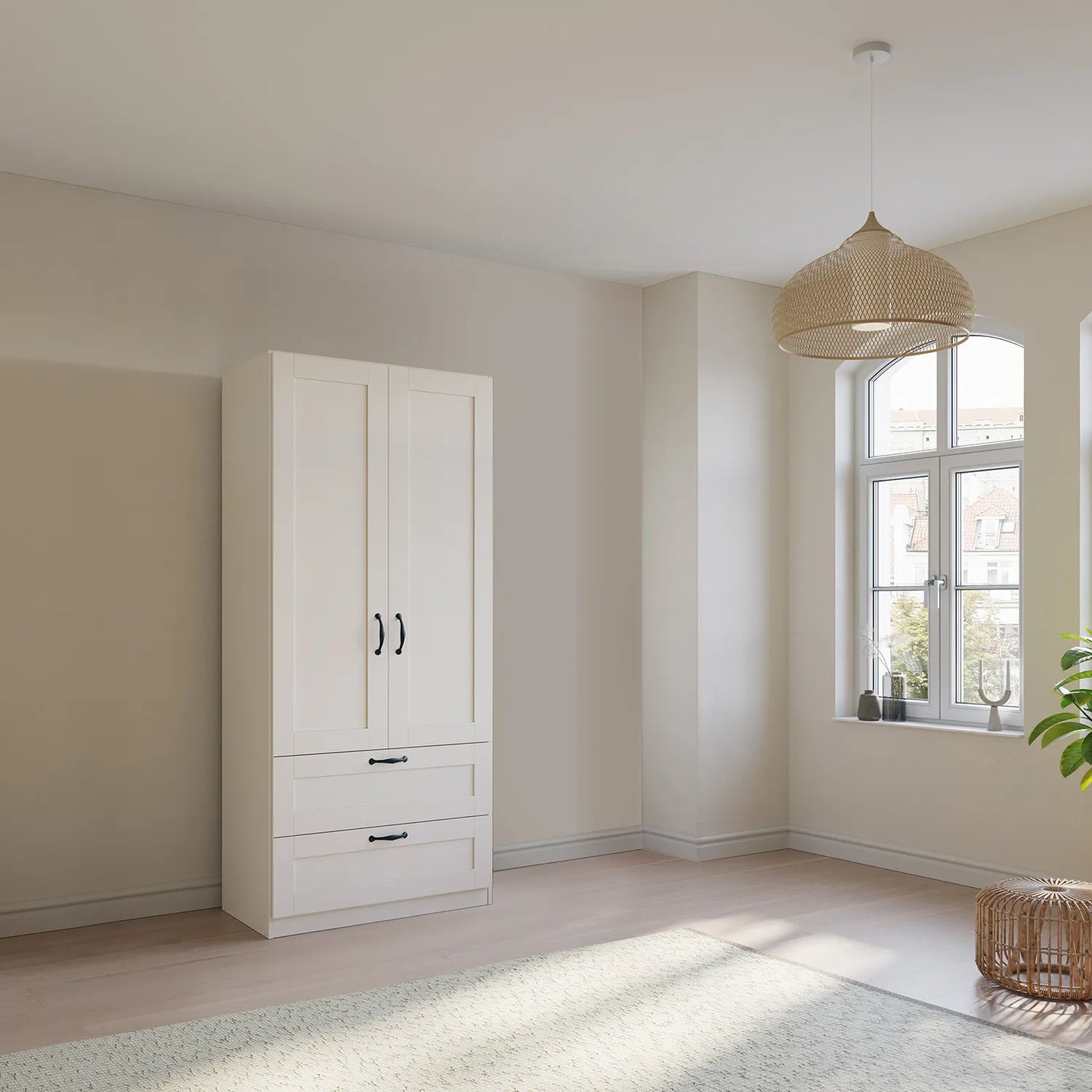 Rauch Cottage 91cm White 2 Door Wardrobe with Drawers - Styled in a Bedroom