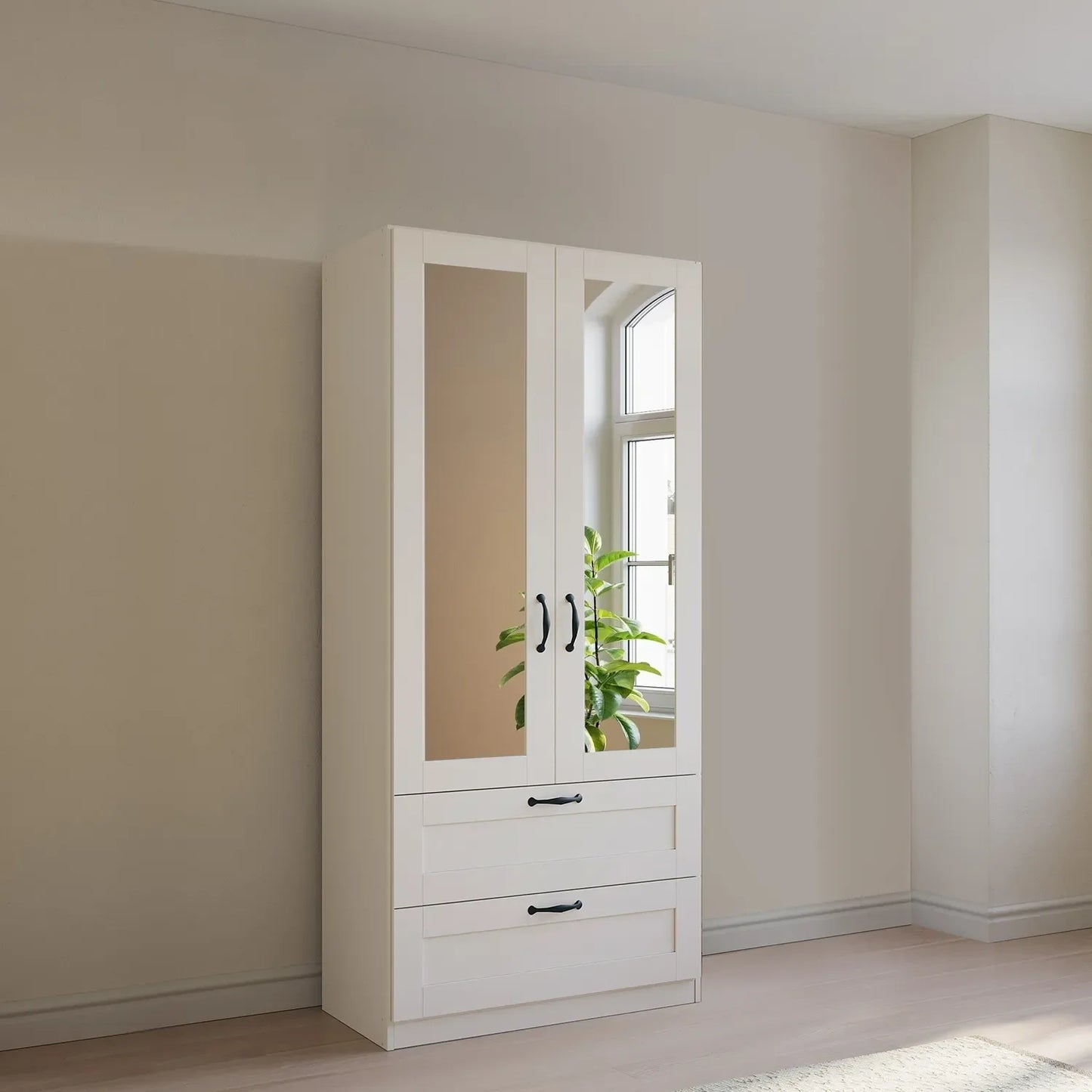 Rauch Cottage 91cm White 2 Door Wardrobe with Drawers & Mirror - Styled in a Bedroom