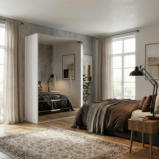 Rauch Crystal 3 Door Colour Glass Wardrobe with Drawers - Styled in a Bedroom