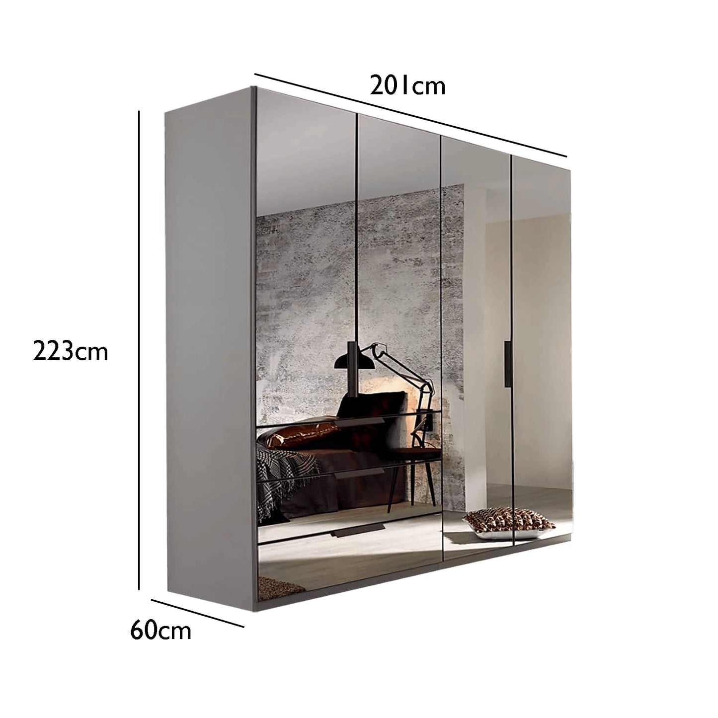 Rauch Miramar 4 Door Full Mirror Wardrobe with Drawers Dimensions on White Background