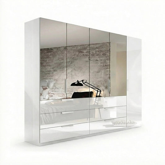 Rauch Crystal 5 Door Colour Glass & Mirror Wardrobe with Drawer in white