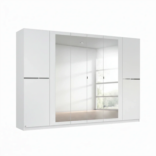 Dalton 271cm Alpine White 6 door mirrored wardrobe in stock for fast UK delivery. Modern hinged wardrobe with shelves and hanging rails.