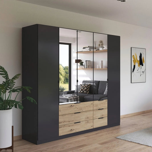 Shop the Rauch Davo 5 door wardrobe with drawers and mirror. Made in Germany with adjustable storage, free delivery and modern styling.