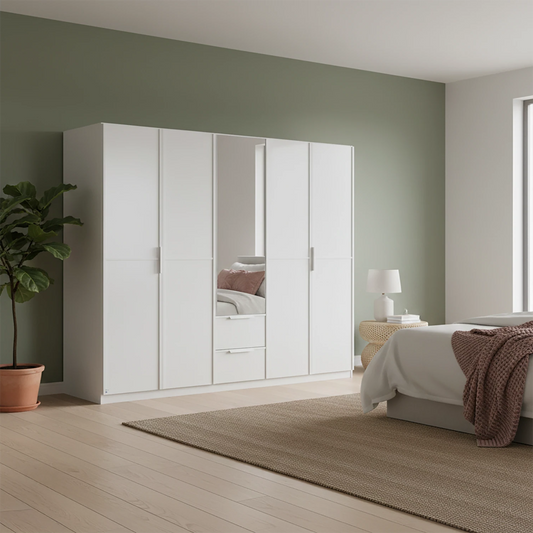 Rauch Essence Front colour with vertical trims 5 Doors, 1 Mirrored Door & 2 Drawers - Styled in a Bedroom