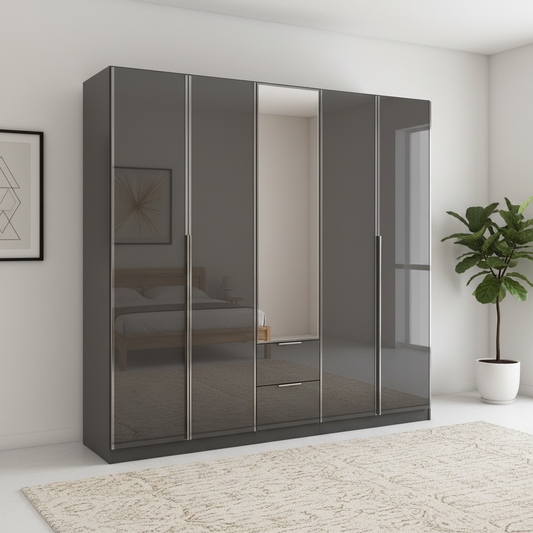 Rauch Essena 5 Door Hinged Wardrobe in Basalt Glass with Mirror and 2 Drawers in the Middle