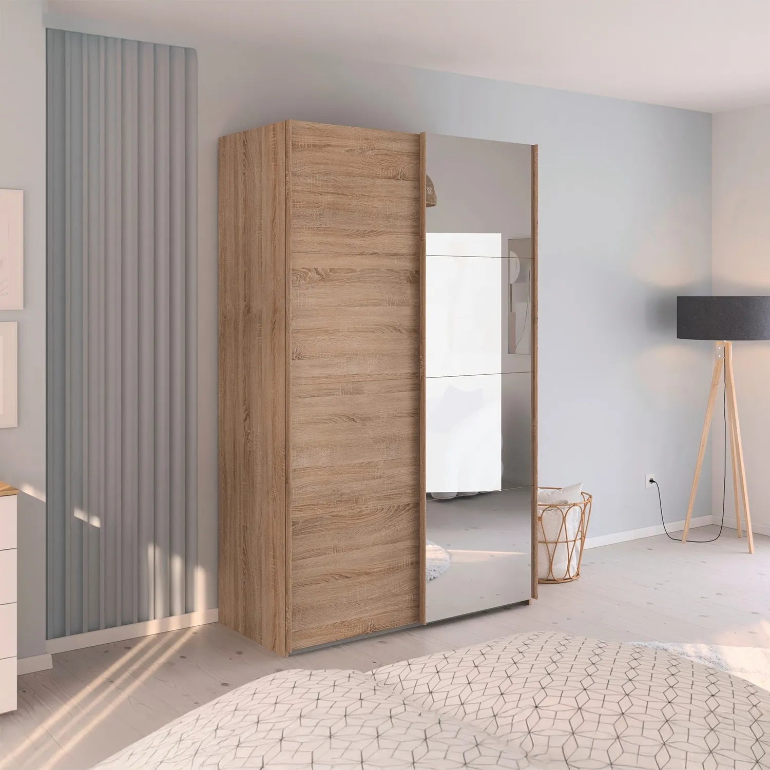 Wooden wardrobe with mirror doors in a modern room setting