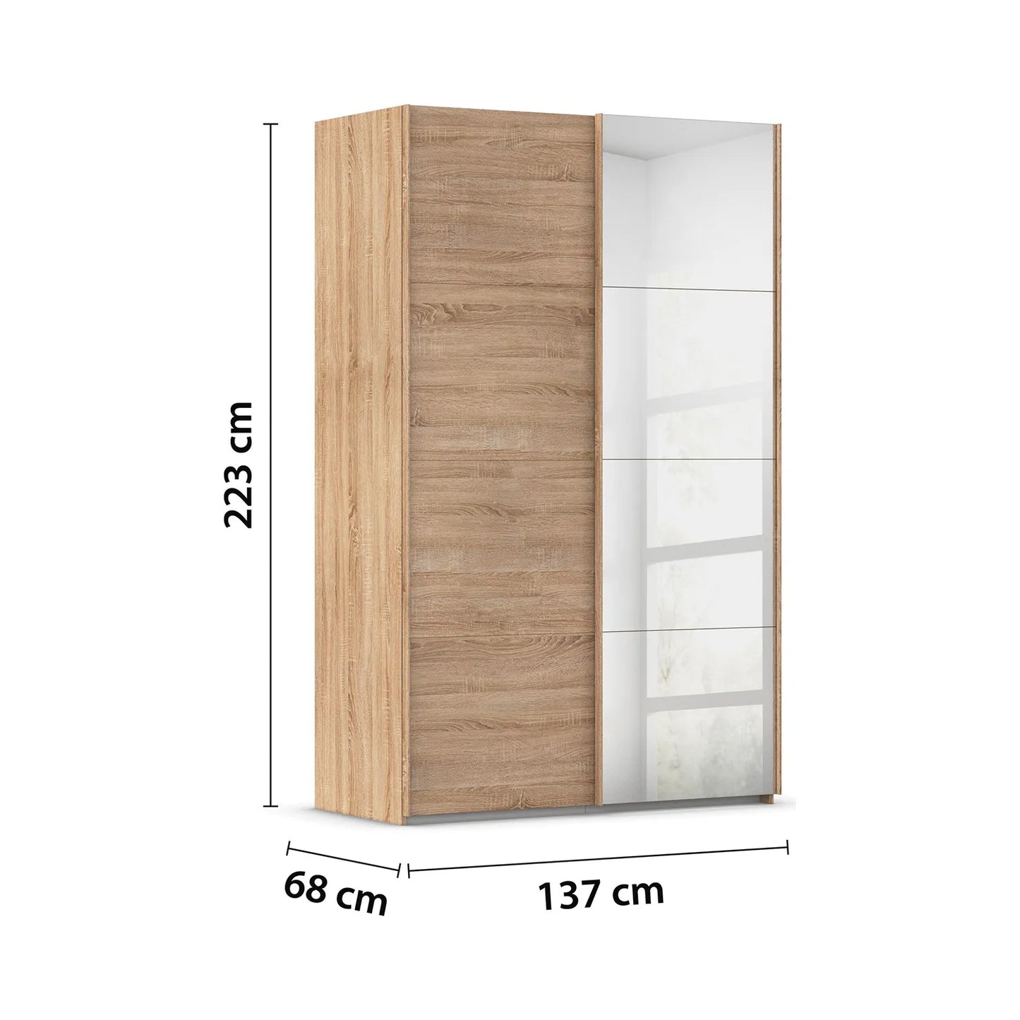 Wooden wardrobe with dimensions on a white background