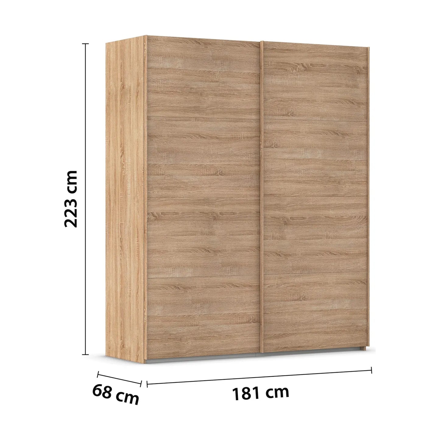 Rauch Standard 181cm Sliding Wooden wardrobe with dimensions on a white background