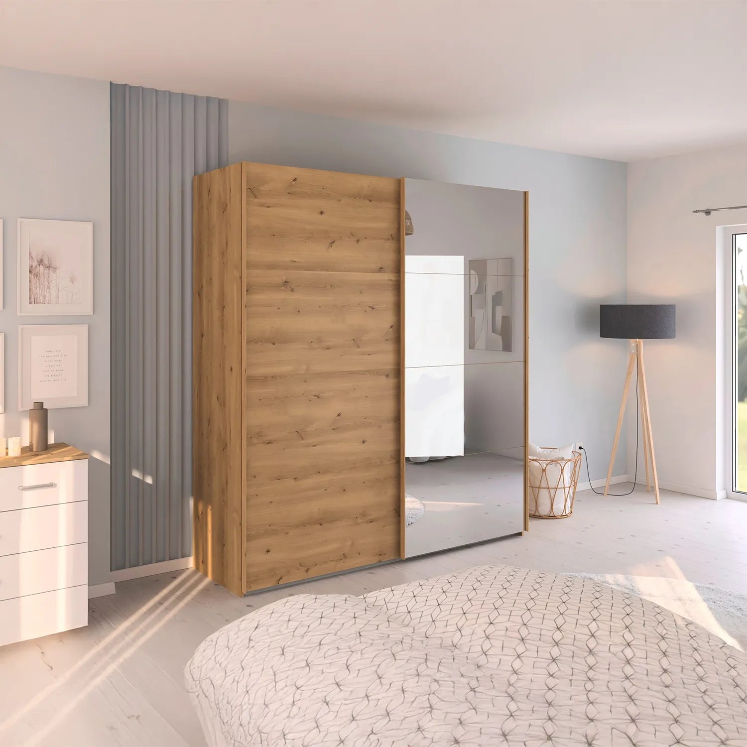 2 Door Sliding Wardrobe on Oak finish with 1 Mirror door