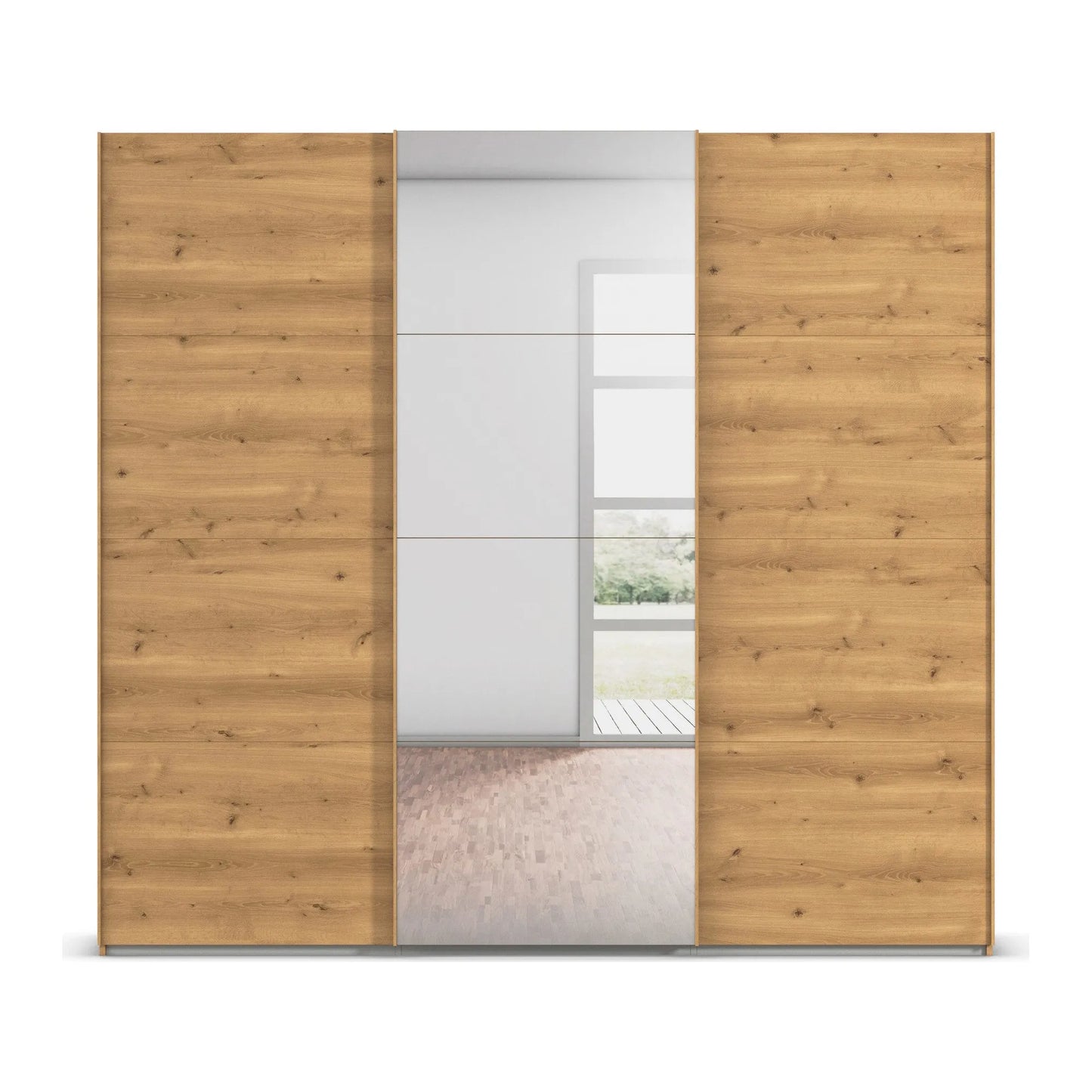 Large 3 Door Wooden wardrobe with sliding doors and Middle Mirror Door on a white background